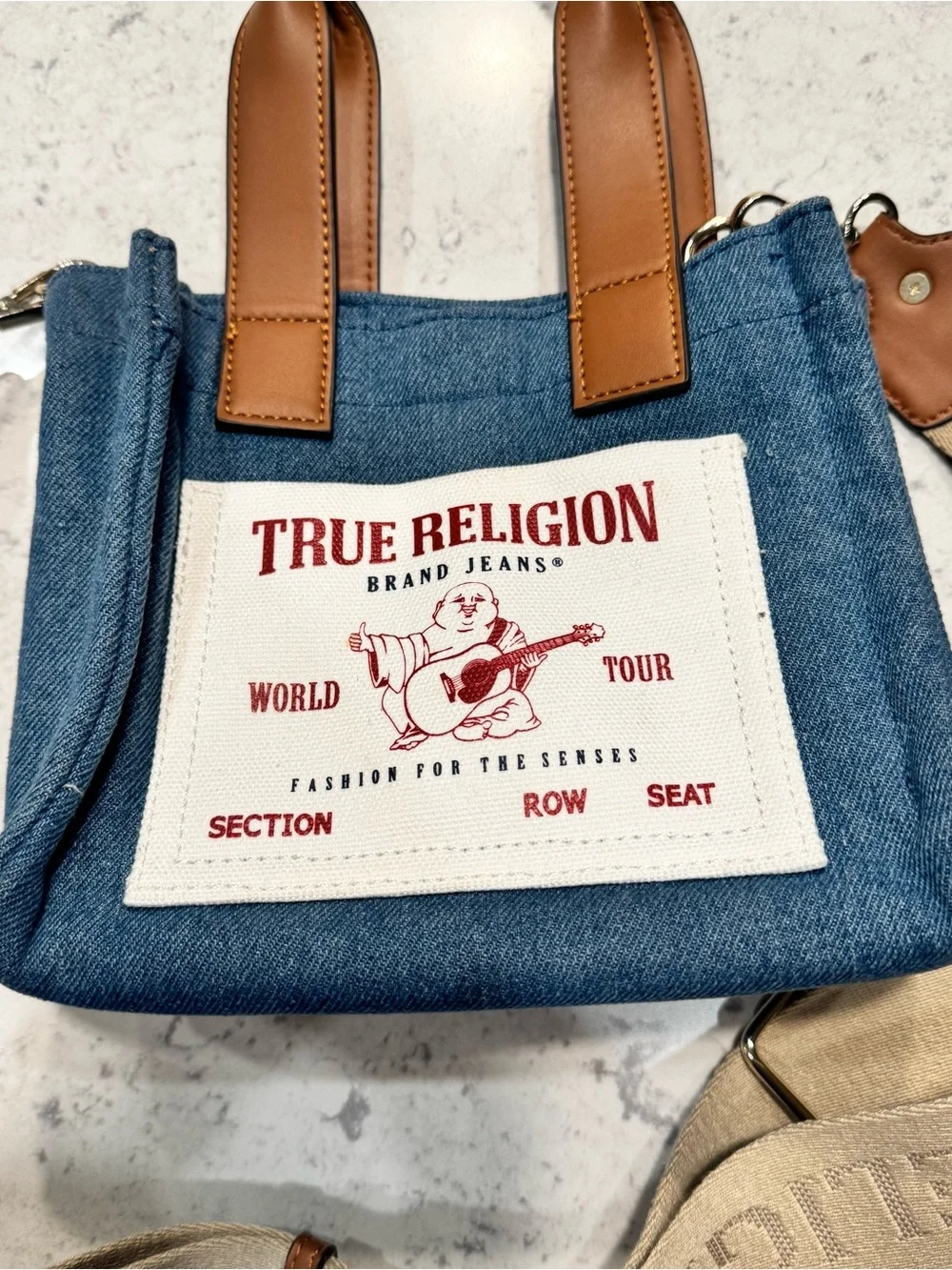 True Religion Blue Denim Mini Messenger with Brown Trim